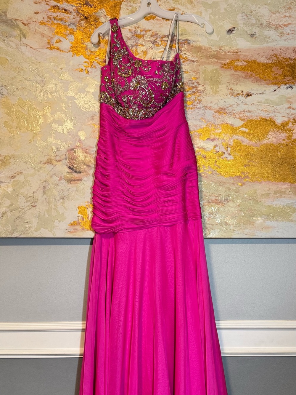 Sherri Hill Hot Pink Beaded One-Shoulder Prom Dress size 8